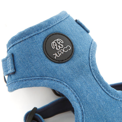 Denim dog harness closeup