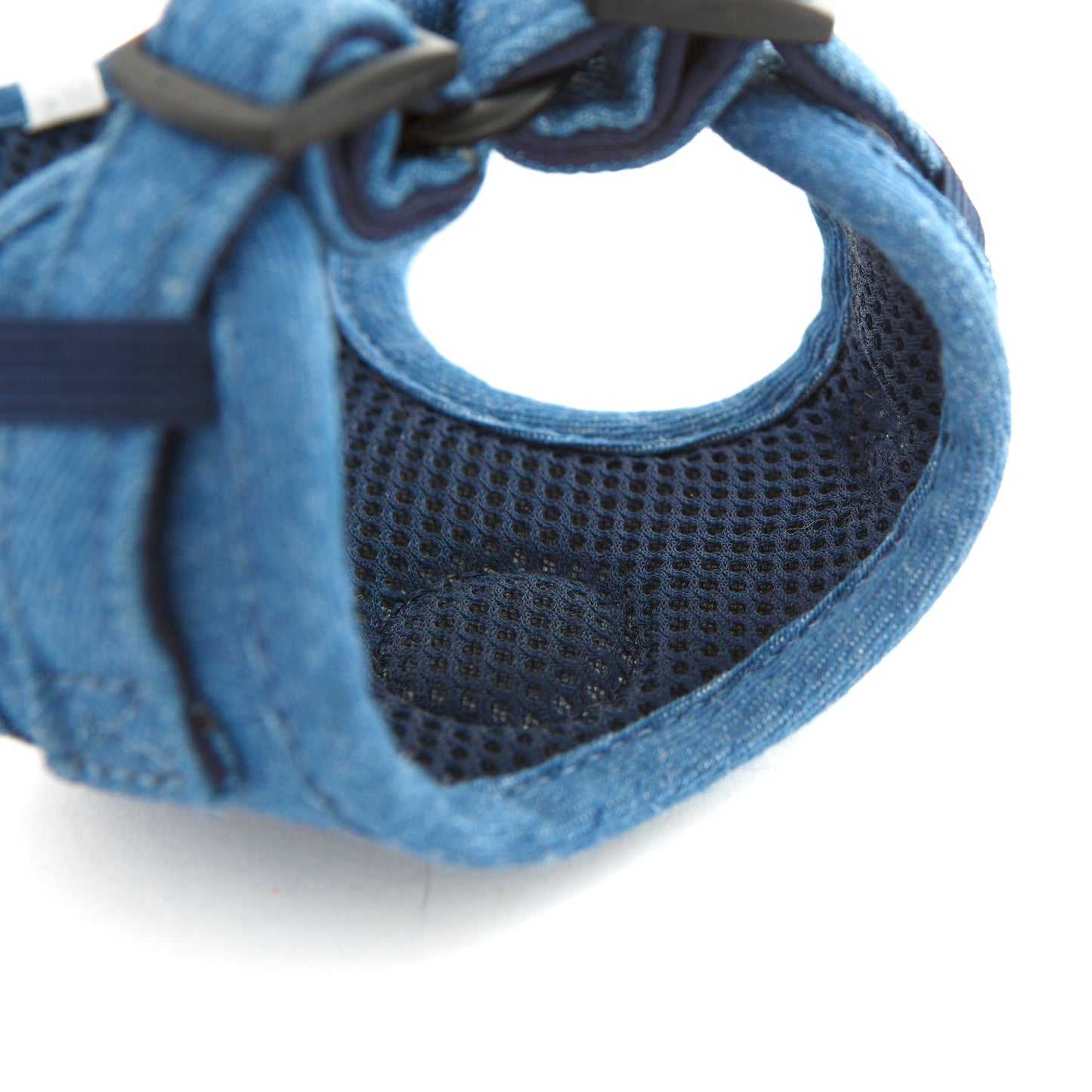 Denim dog harness inside view of mesh