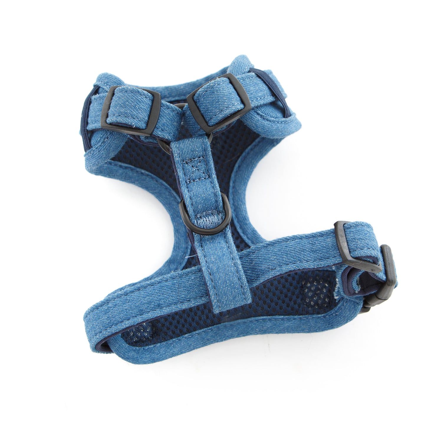 Denim dog harness underside view